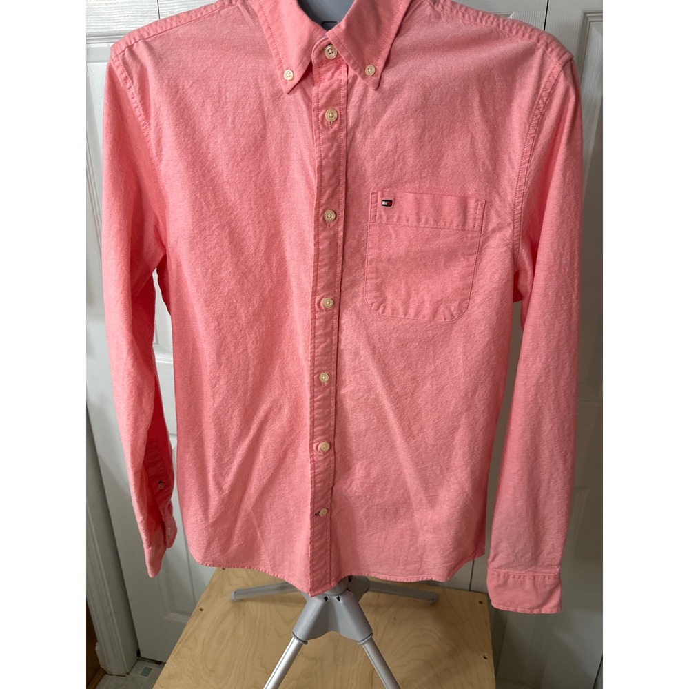 Tommy Hilfiger Mens Regular Fit Stretch Oxford Shirt Coral Pink Medium - Picture 4 of 7